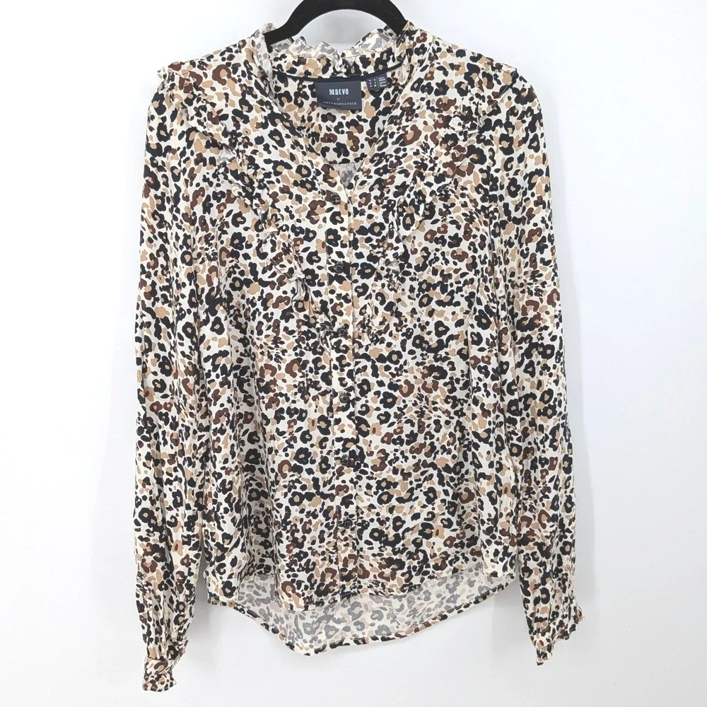 Maeve Blouse Women 4 Tan Leopard Ruffle Button Up Long Sleeve Office Animal